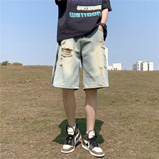五分牛仔短裤男士宽松直筒青少年夏季薄款中裤潮流休闲运动短裤，男装牛仔裤，星座1013