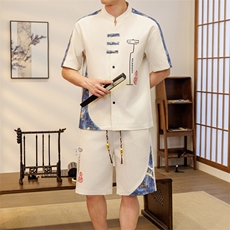 潮风套装男新中式短袖衬衫时尚休闲短裤两件套JZ306-P58，男装牛仔裤，星座310B-3