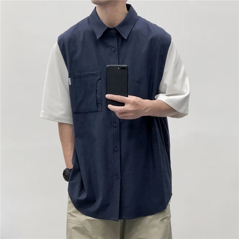 原宿潮流新款日系复古撞色假两件短袖衬衫时尚流行日系A302-P35，男装T恤，星座208-5