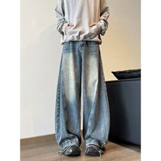 现货复古弯刀裤男女阔腿宽松痞帅牛仔裤情侣牛仔裤网图-NZ234p55，男装牛仔裤，星座302B-3