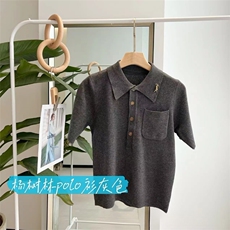 时尚百搭短袖POLO衫女宽松显瘦纯色针织开衫外套，女装针织衫/毛衣，沐策羊绒