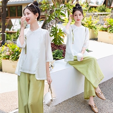 中国风禅意天丝女2024夏季新款国风盘扣白色小衫阔腿裤，女装汉服/婚纱/旗袍/礼服，水衣源
