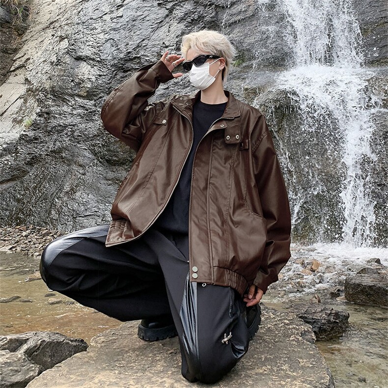 机车服男款潮牌宽松工装PU皮衣外套秋季高街潮流休闲痞帅立领夹克,男装皮衣,星座410-7