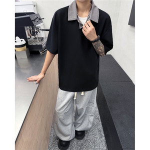现货2026夏装千鸟格拼接翻领短袖T恤POLO衫夏季男装半袖S421特38图片