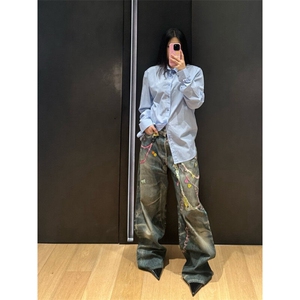 3D打印水洗印花美式复古牛仔裤男宽松阔腿裤NZK7201-特P53图片
