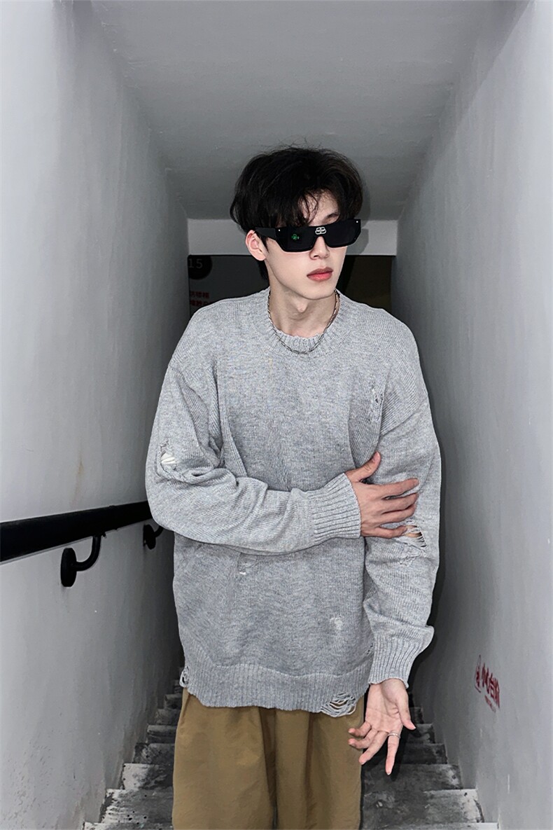 潮牌美式破洞针织毛衣男生宽松休闲圆领针织衫XZ514-2-24261-P68,男装针织衫/毛衣,星座514-2(原B239)