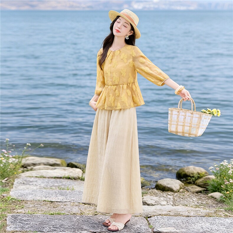 夏新款圆领绣花宽松小衫裙裤优雅气质套装女,女装套装/套裙,水衣源