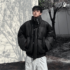 现货冬季三防重磅硬挺boxy短款羽绒刺绣立领PU皮棉衣外套加厚棉服，男装棉衣，电商A486
