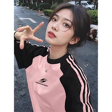 夏季美式高街重磅纯棉三条杠织带插肩撞色男女短袖T恤CZ167-特P25，男装T恤，电商A486