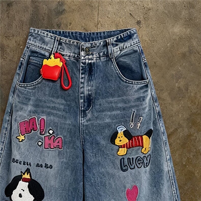 重工kt猫印花破洞牛仔裤女2026春新款宽松阔腿垂感长裤AMH04P60,男装牛仔裤,星座1013-5