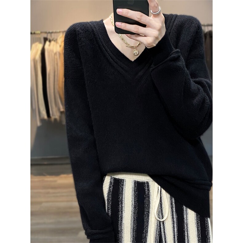 V领秋季新款长袖时尚都市纯色针织羊毛衫，女装羊毛衫，绒汀羊绒
