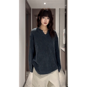 美式高街千鸟格子长袖T恤男女亨利V领英伦雅痞休闲宽松长袖打底衫