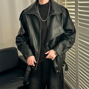 翻领皮衣外套男士欧美风痞帅街头潮流机车服皮夹克衫JK9152,广东街头实拍穿搭图片