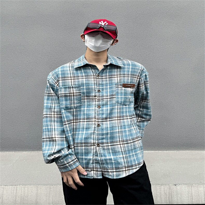 美式复古格子衬衫男女春秋新款潮牌宽松长袖衬衣青少年休闲Q317,男装衬衫,星座601-2