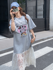 蕾丝拼接灰色T恤连衣裙女夏2025新款休闲气质巨好看长裙今年流行，女装连衣裙，浙宝305