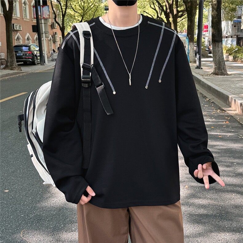 辑明线卫衣男生秋冬季美式重磅内搭打底衫铆钉潮牌宽松大码上衣服,男装T恤,电商基地A050