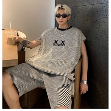 背心短裤套装男夏季痞帅时尚休闲篮球服条纹一套搭配潮牌特P55，男装背心/马甲，电商C307