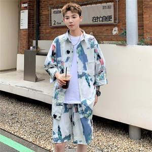 2025夏水墨画冰丝凉感短袖五分袖衬衫薄套装 TZ5678/特P50 浅蓝2图片