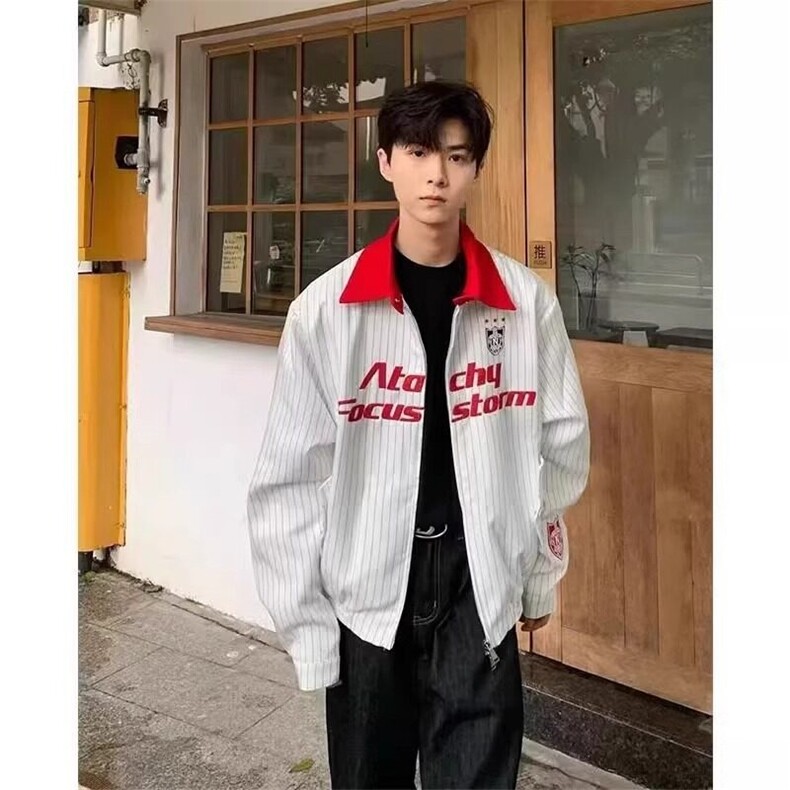 美式街头撞色翻领条纹夹克男女春季cleanfit高街宽松飞行服外套潮，男装夹克，星座506A