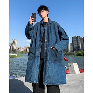 简约工装牛仔风衣男口袋拼接宽松中长款外套蓝色牛仔大B08/P78