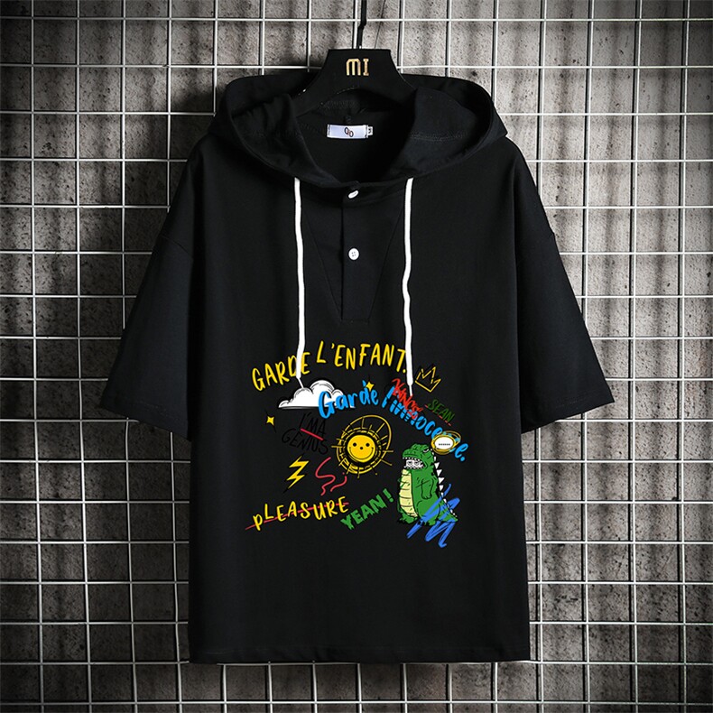 LD54219-P45 连帽短袖t恤男大码胖子带帽五分袖中袖 网格挂拍图片