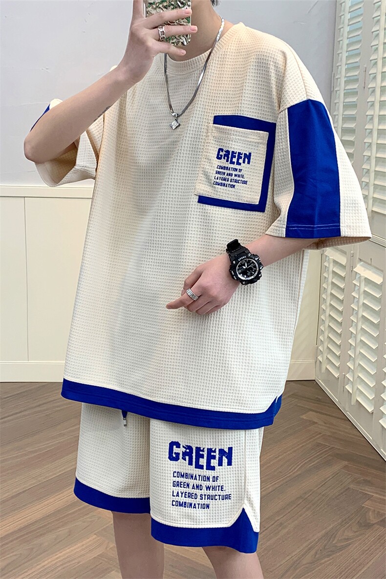 2024夏季冰感撞色拼接短袖套装华夫格运动服男女6618-P70控价98,男装T恤,电商A441-1