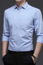 春秋季新款男士长袖衬衫休闲爸爸春装条纹衬衣无痕中年打底寸衫，男装衬衫，电商B212（原钱塘6029）