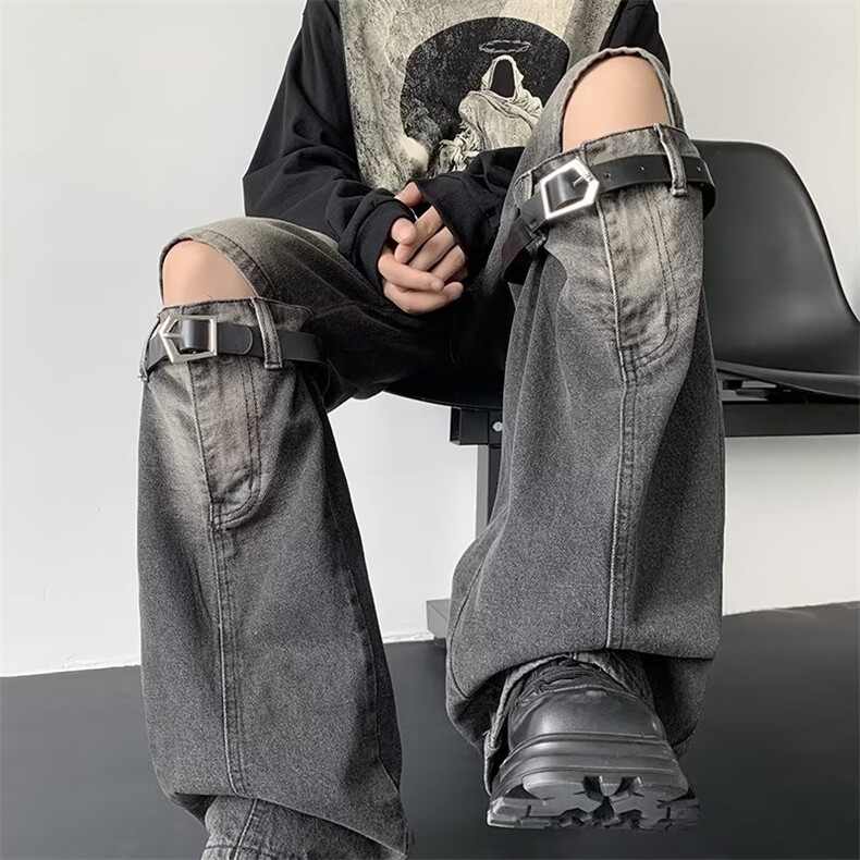 小众分割拼接设计感直筒牛仔裤男女宽松做旧复古阔腿长裤潮-G2004,男装牛仔裤,星座601-2