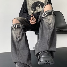 小众分割拼接设计感直筒牛仔裤男女宽松做旧复古阔腿长裤潮-G2004，男装牛仔裤，星座601-2
