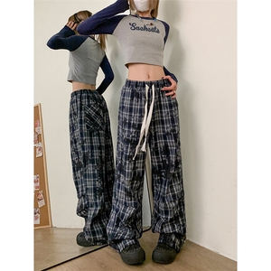 韩系复古风潮牌格子撞色长裤宽松休闲男女同款时尚格子裤K640TP38图片