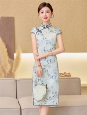 杭州品质真丝长裙复古印花连衣裙女春夏日常修身清新淡雅真丝旗袍，女装汉服/婚纱/旗袍/礼服，小荷流