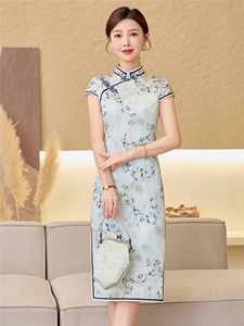 杭州品质真丝长裙复古印花连衣裙女春夏日常修身清新淡雅真丝旗袍图片