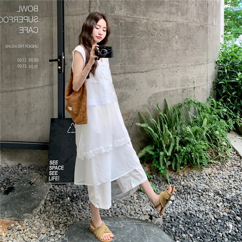 夏日系简约气质两件套女2025高级蕾丝刺绣花边无袖上衣休闲裤套装,女装套装/套裙,2C201