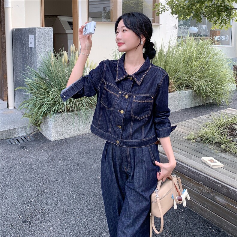 ins港风牛仔套装女春2025新款韩版高腰时尚工装上衣阔腿裤两件套图片