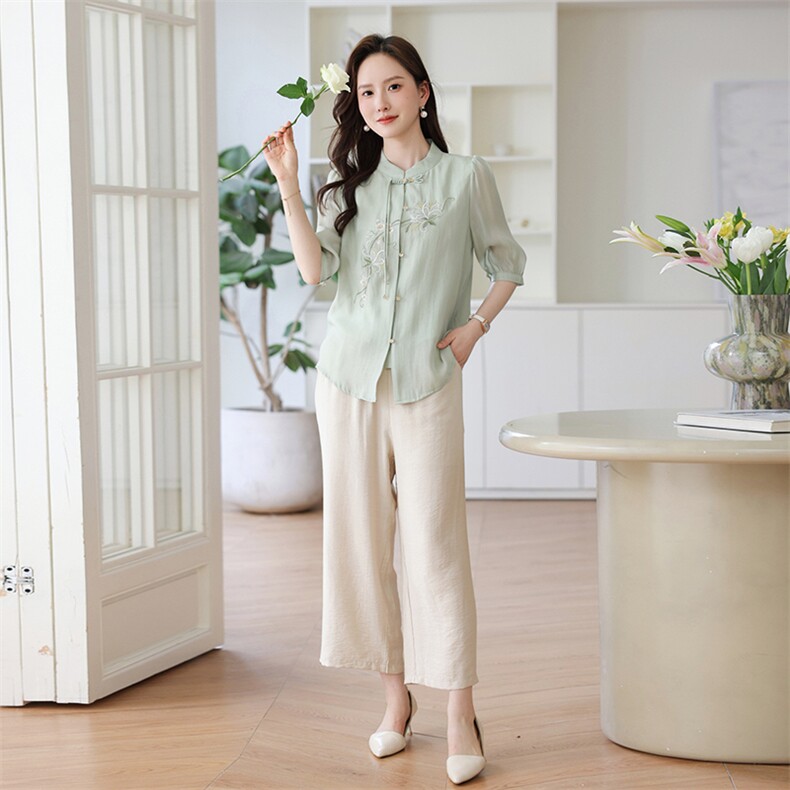 新中式妈妈夏装时尚短袖衬衫2024新款休闲女装搭配一整套两件套图片