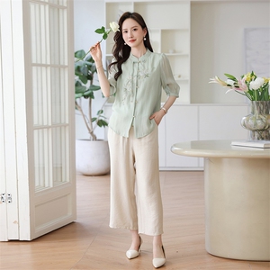 新中式妈妈夏装时尚短袖衬衫2024新款休闲女装搭配一整套两件套图片
