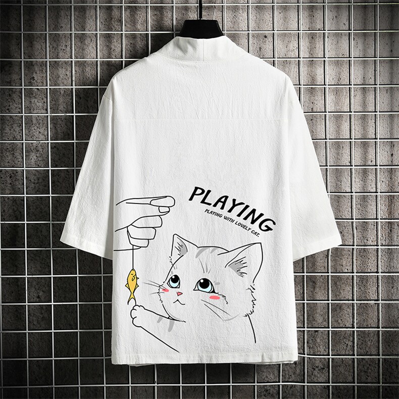 HF59129-P40风汉服男开衫外套七分袖道袍网格挂拍,男装民族服装,电商A040A