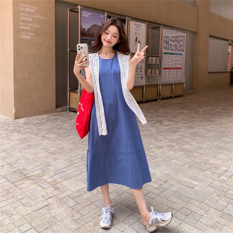 时尚蕾丝镂空披肩休闲减龄背心连衣裙2025年夏季时髦新款无袖长裙,女装连衣裙,2C159