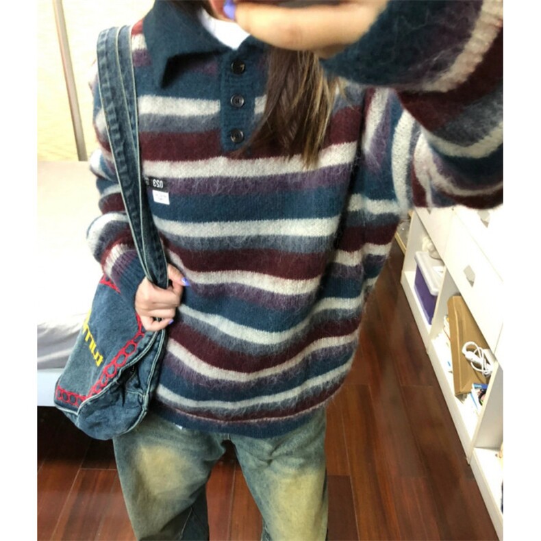 美式复古条纹翻领毛衣男款秋冬韩系穿搭慵懒针织衫重磅内搭打底衫,男装T恤,星座813-2
