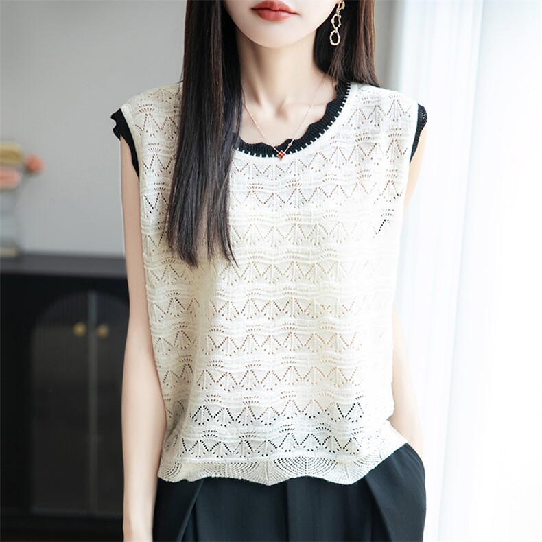 小香风竹节麻冰丝吊带背心女夏季圆领针织镂空花边无袖上衣打底衫,女装T恤,菲奥羊绒