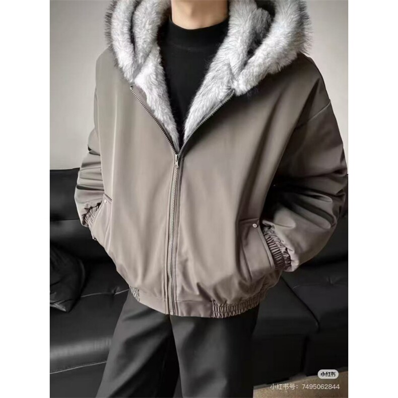 网图冬季美式大毛领连帽棉衣潮流宽松座山雕情侣棉服外套,男装棉衣,电商C307