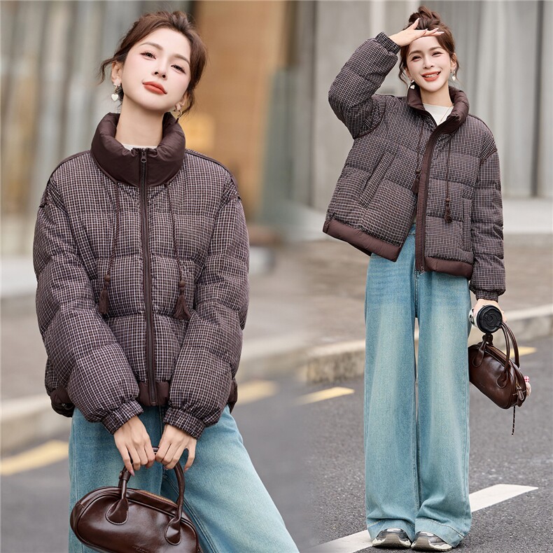 【现货现货】2025冬季新款格子羽绒服短款加厚保暖90白鸭绒面包服,女装羽绒服,一安秀