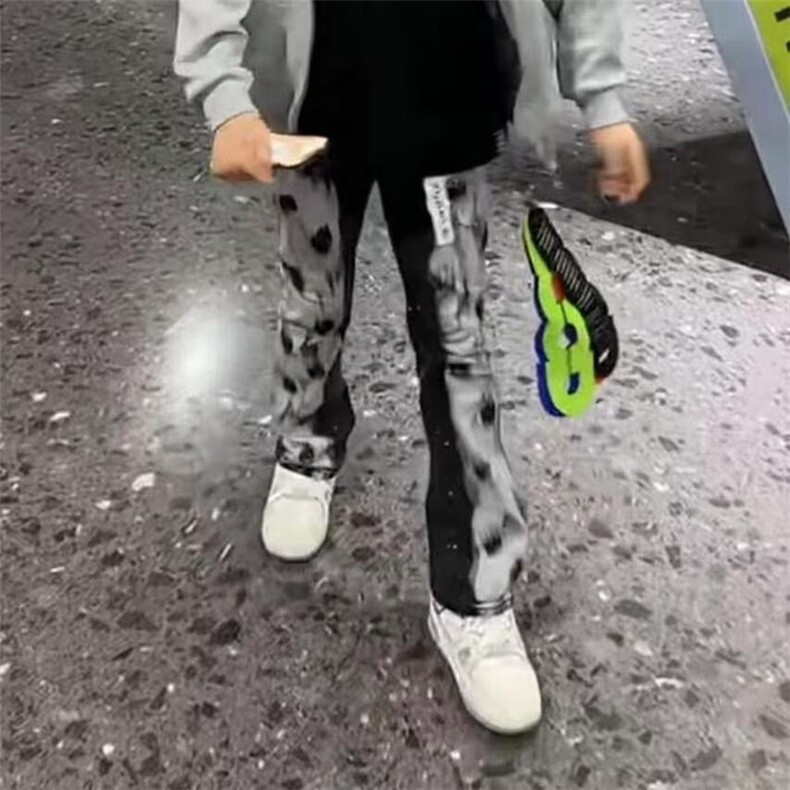 美式高街涂鸦泼墨微喇弹力牛仔裤男款潮牌欧美修身显瘦百搭长裤子,男装牛仔裤,四季星座505