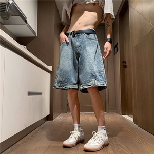 男士牛仔裤夏季薄款美式复古高街潮牌五分裤宽松直筒休闲水洗中裤图片