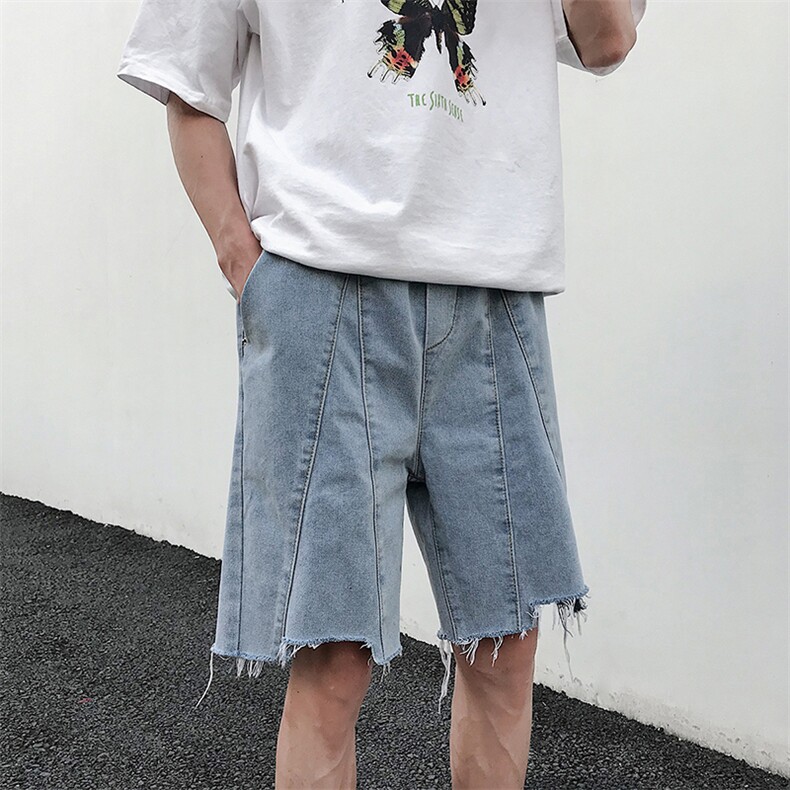 2021夏季新日系大码男港风毛边拼接立体裁剪牛仔短裤ND8116-P45,男装牛仔裤,电商A001