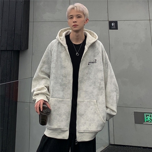 美式脏脏款扎染开衫拉链夹克男痞帅重磅外套男棒球服p68图片