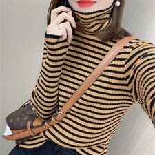 高领毛衣打底衫女秋冬新款韩版修身内搭洋气条纹拼色堆堆领针织衫，女装针织衫/毛衣，潮品会