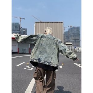 现货美式短款牛仔外套新潮牌男装潮流垫肩立领牛仔夹克JK8203-P78图片
