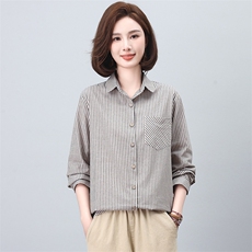 条纹衬衫女2025年春秋新款时尚休闲中年妈妈简约百搭薄款长袖衬衣，女装衬衫，独衣靓