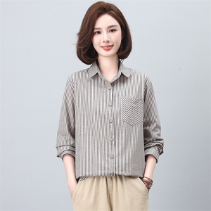 条纹衬衫女2025年春秋新款时尚休闲中年妈妈简约百搭薄款长袖衬衣图片